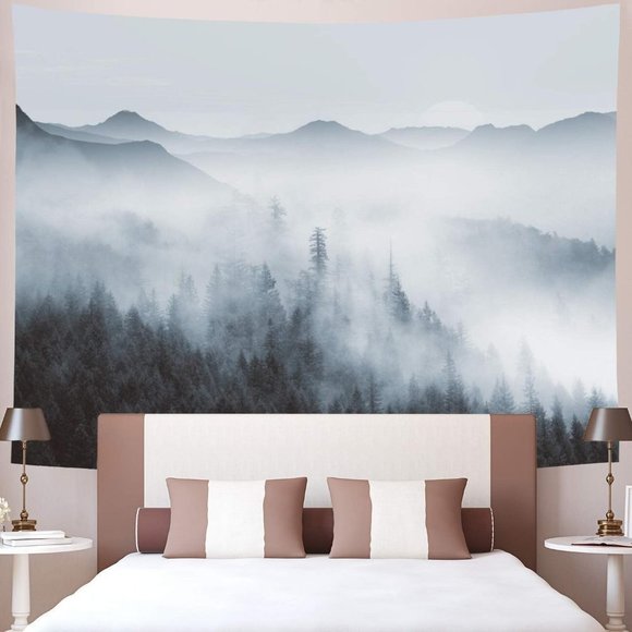 Realistic Foggy Forest Tree Peaceful Wilderness Landscape Dorm Art Wall Tapestry - Picture 3 of 6